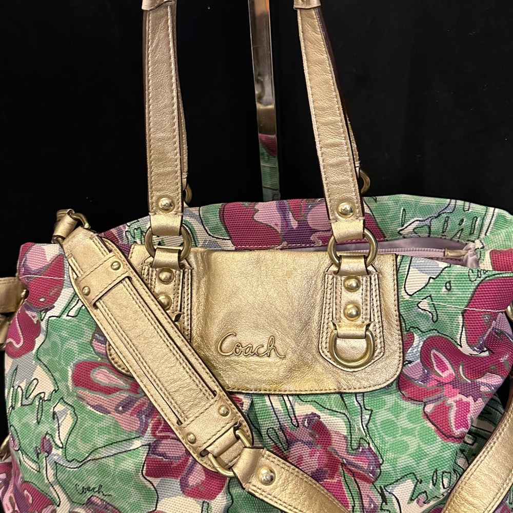Coach Ashley 2011 Pink & Green Floral Canvas Tote with Gold Leather Accents - Picture 4 of 14
